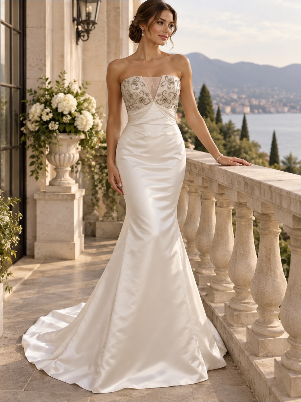 Precious Formals Ivory Strapless Satin Mermaid Gown with Beaded Bodice